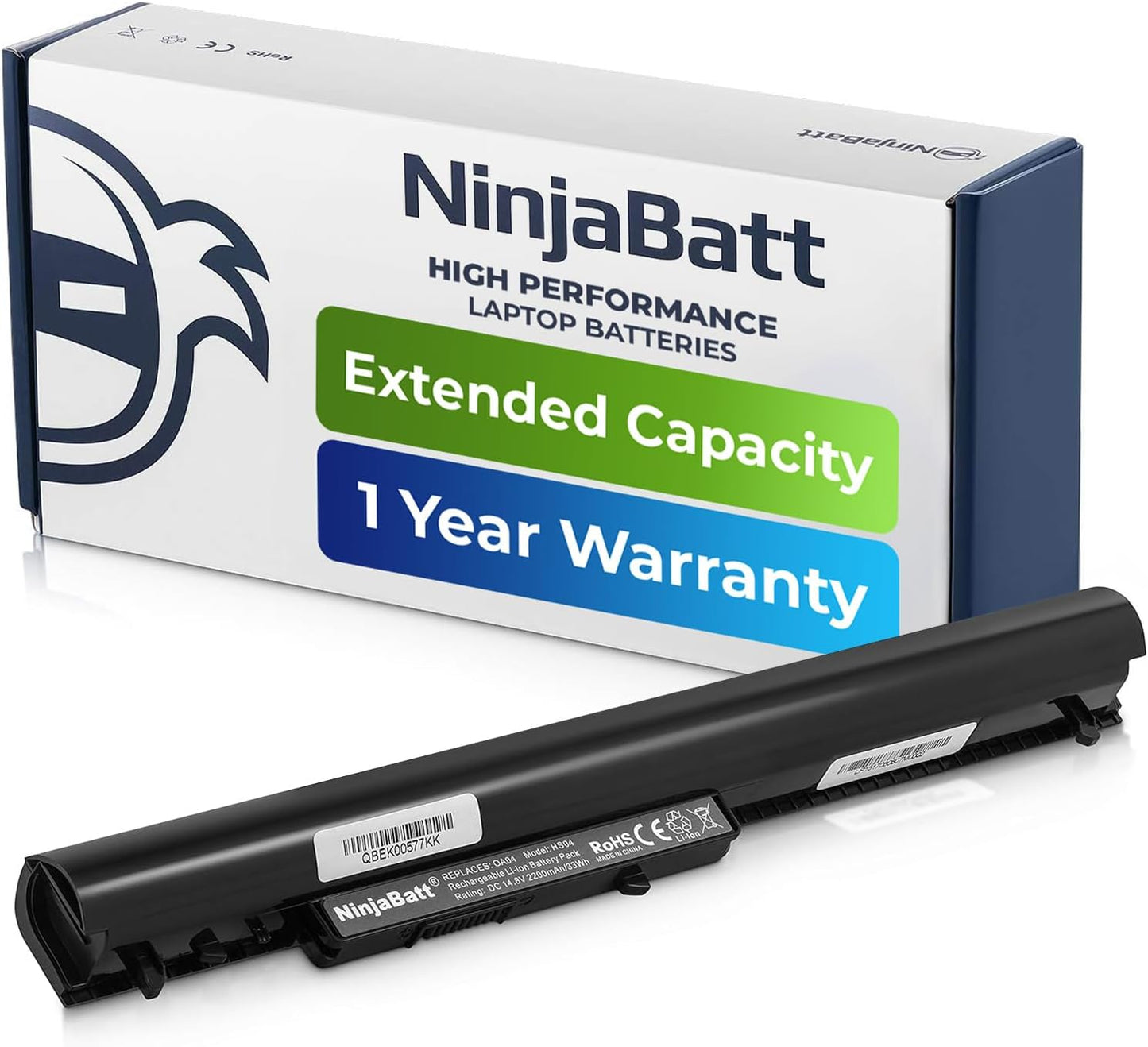 NinjaBatt high performance laptop battery with extended capacity and 1 year warranty, shown with packaging