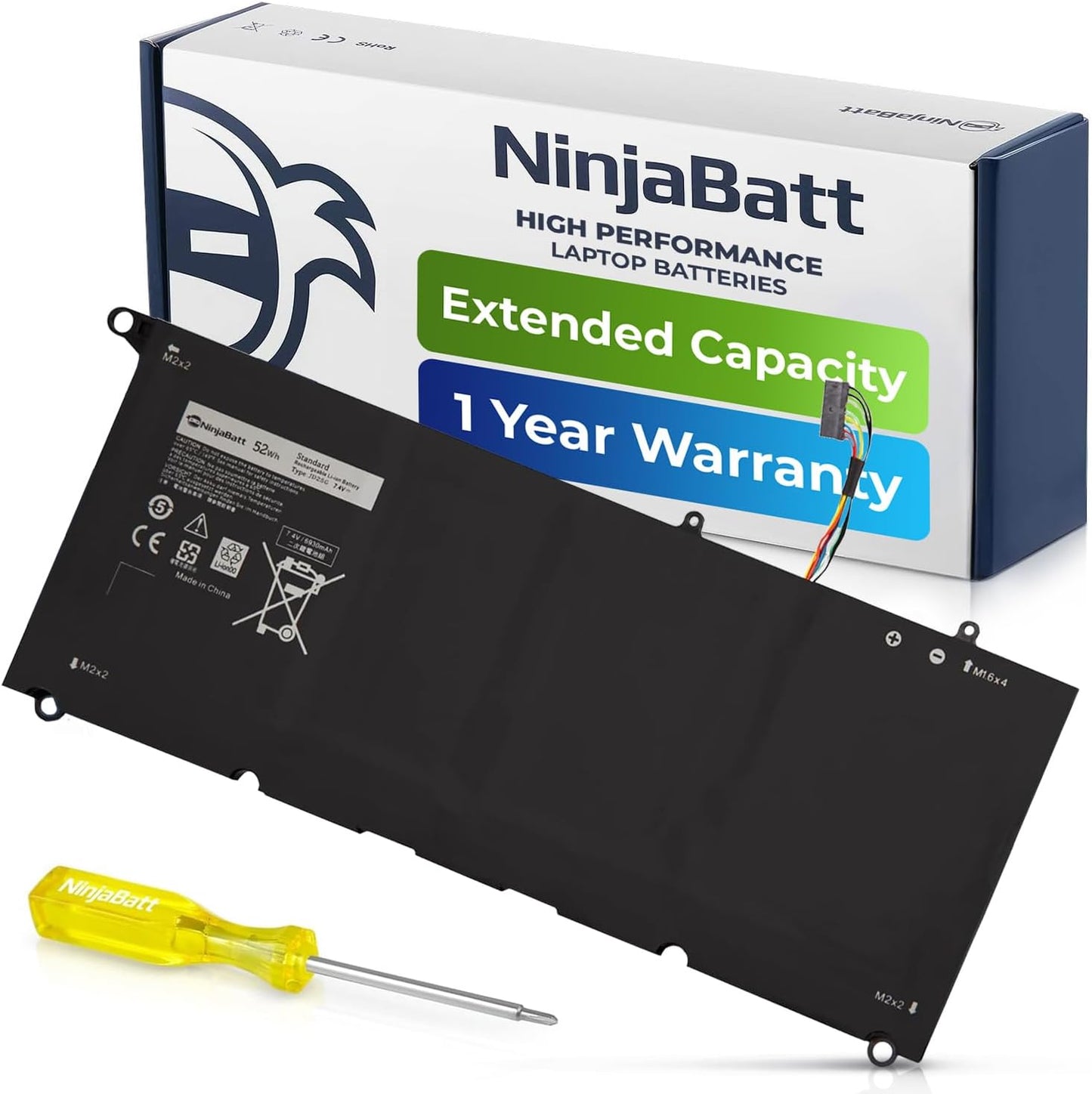 NinjaBatt high performance laptop battery with extended capacity, 1-year warranty, and installation tool