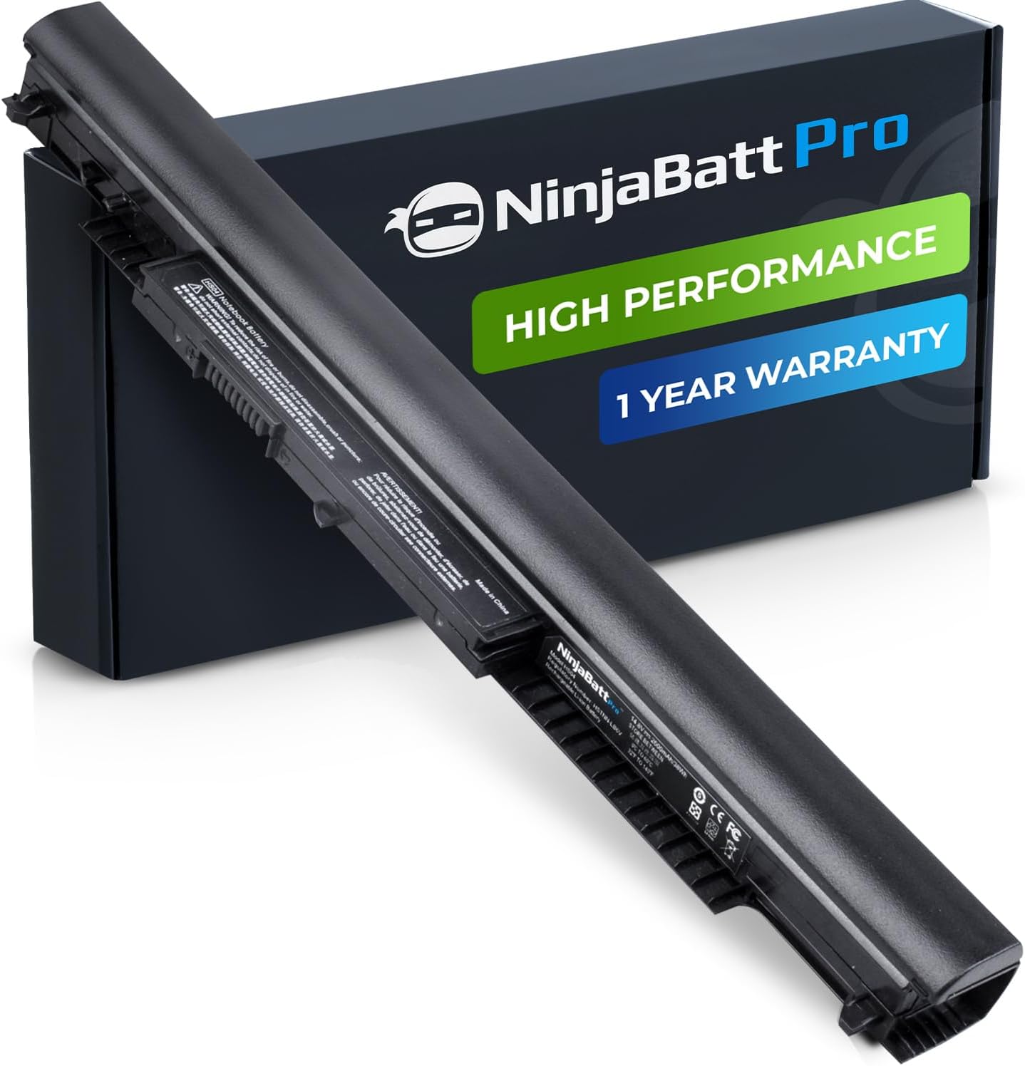 NinjaBatt Pro high performance laptop battery with 1 year warranty, sleek black design for reliable power
