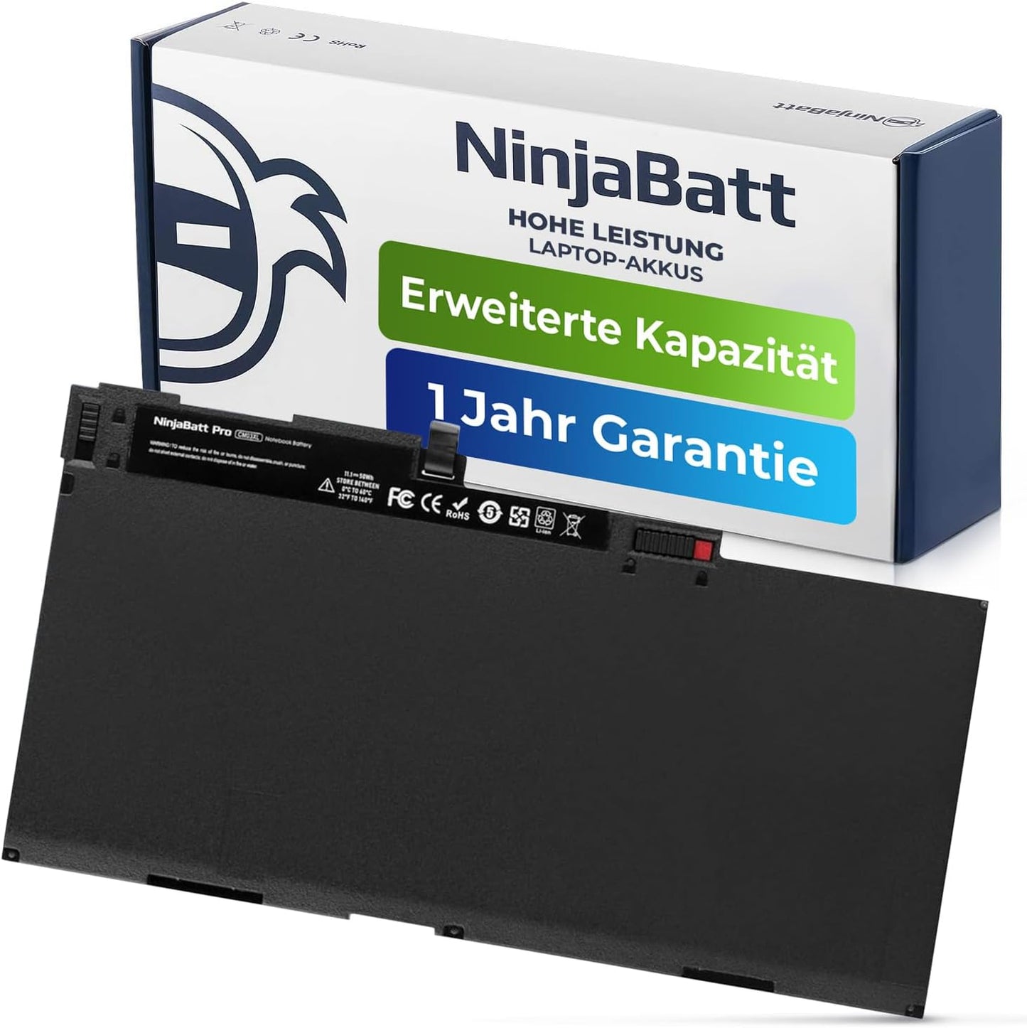NinjaBatt Pro high-capacity laptop battery with extended warranty, shown with retail packaging
