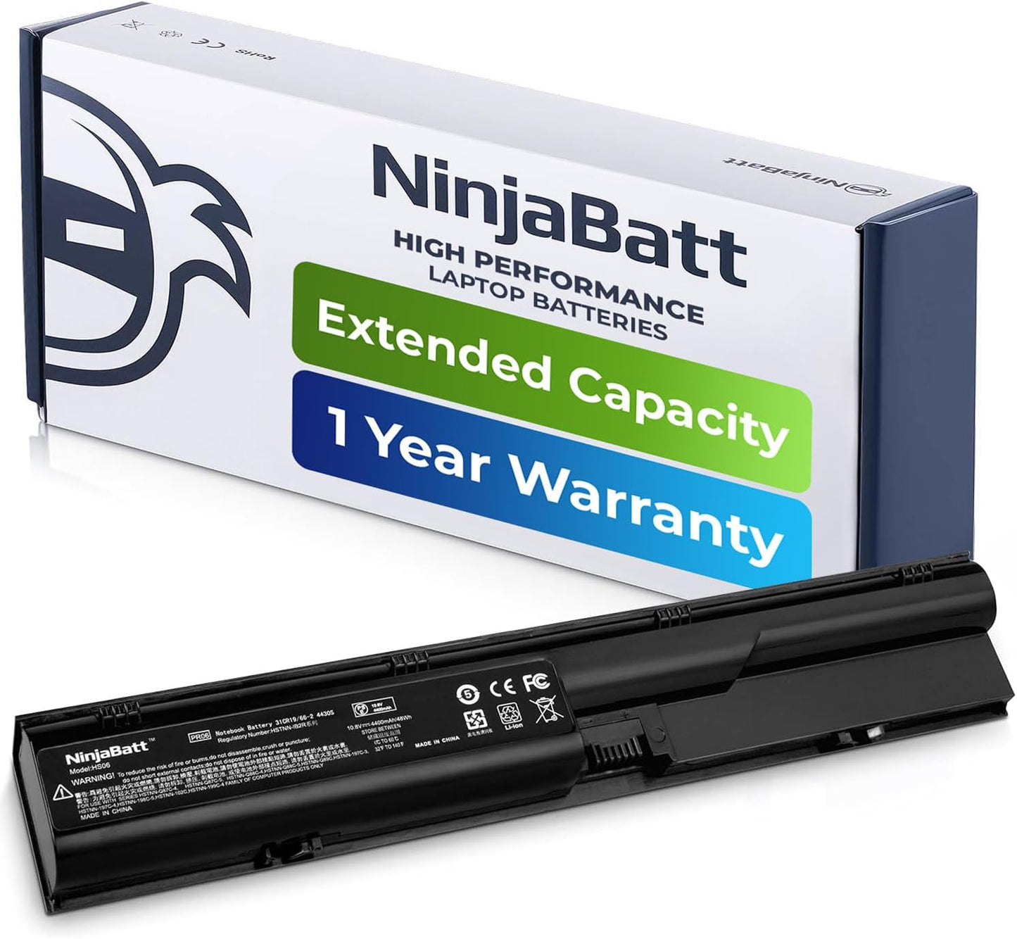NinjaBatt high performance laptop battery with extended capacity and 1 year warranty, shown with packaging