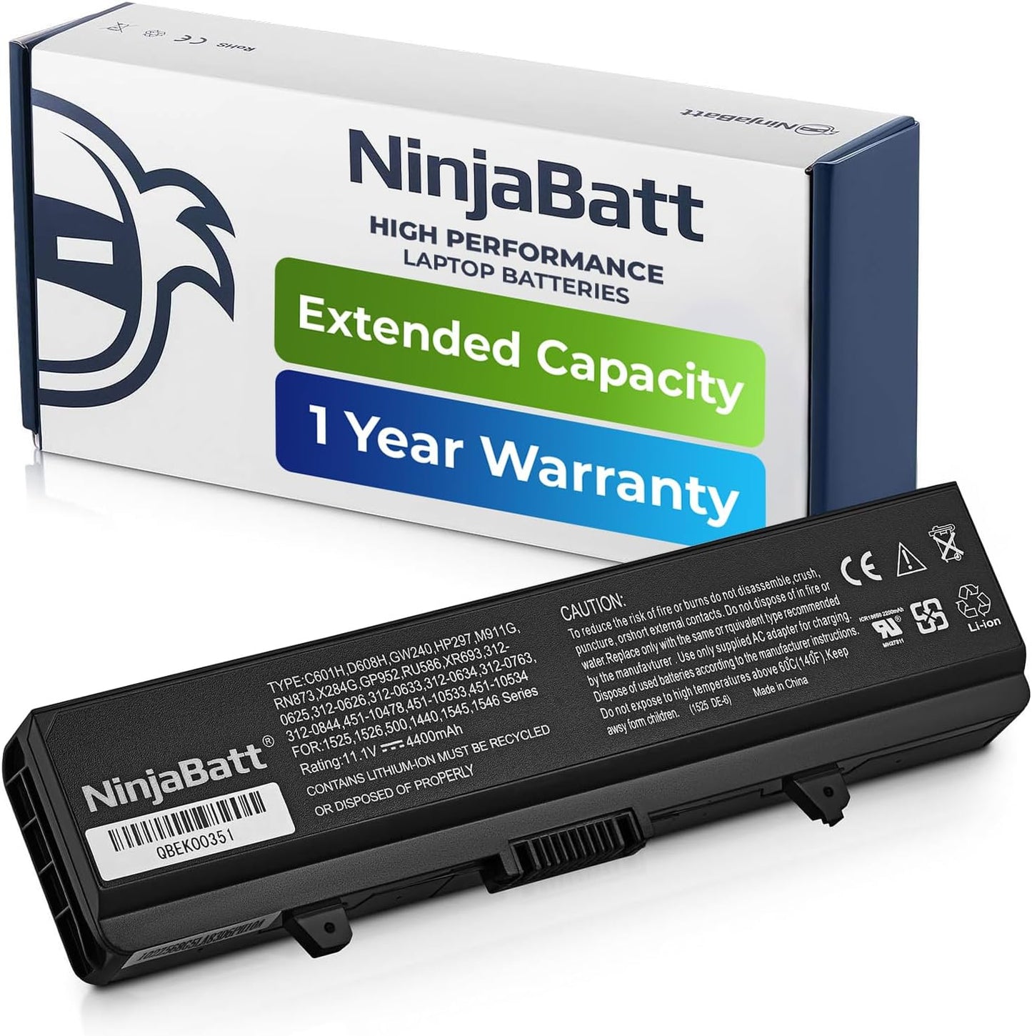 NinjaBatt high performance laptop battery with extended capacity, 1 year warranty, Li-ion