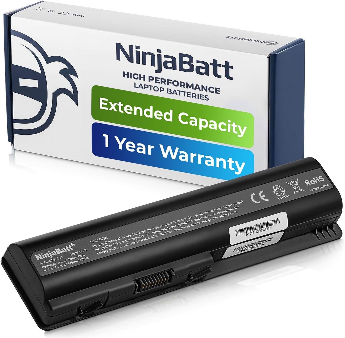 NinjaBatt high performance laptop battery with extended capacity, 1-year warranty, Li-ion rechargeable pack