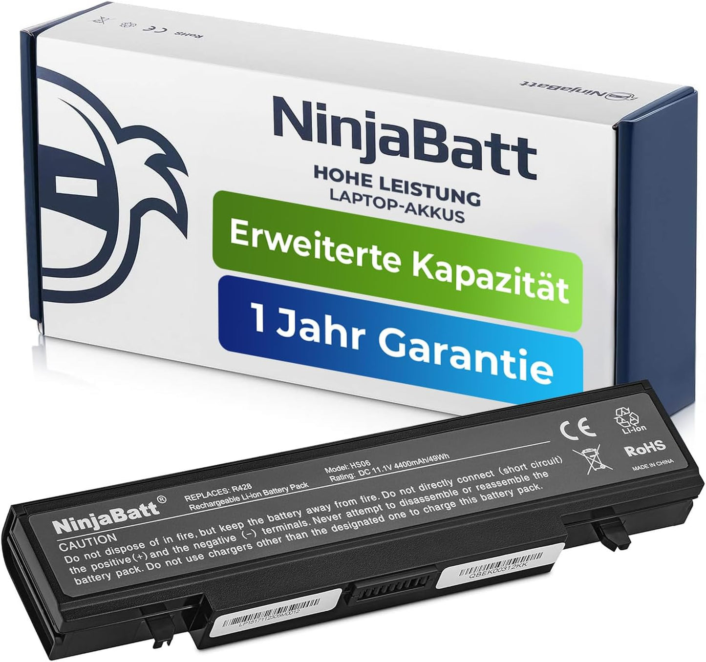 NinjaBatt high-performance laptop battery with extended capacity, 1-year warranty, Li-ion rechargeable pack