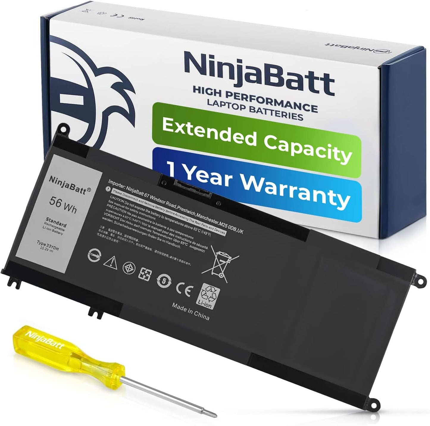 NinjaBatt 56Wh laptop battery with extended capacity, 1-year warranty, and installation tool