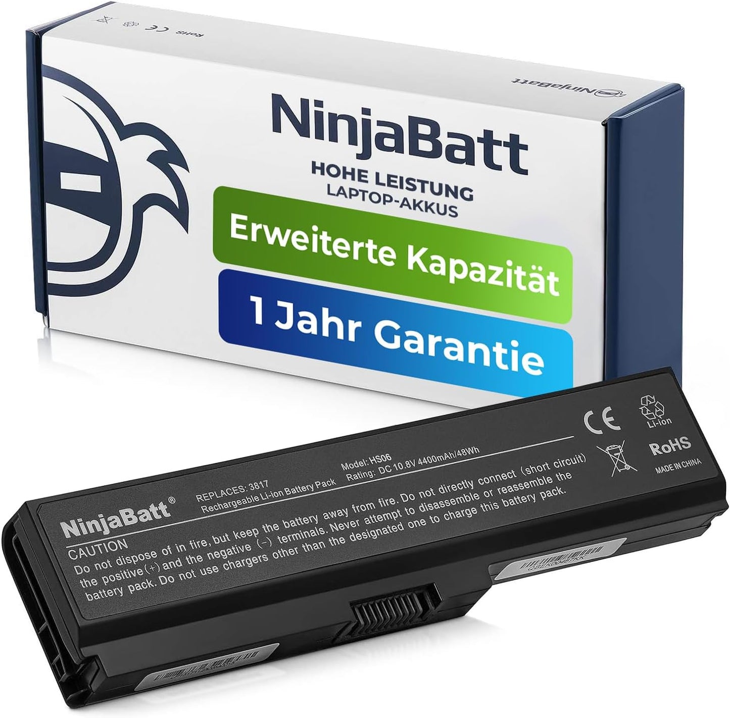 NinjaBatt high-performance laptop battery with extended capacity, 1-year warranty, Li-ion rechargeable pack