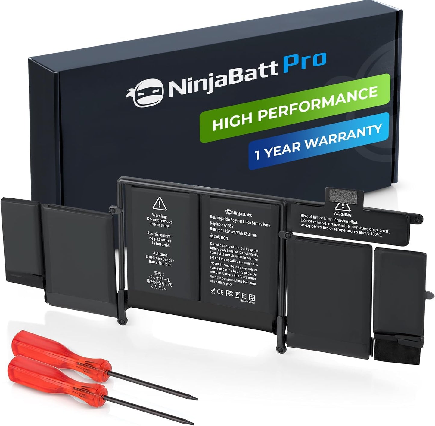 NinjaBatt Pro high performance laptop battery pack with tools, 1-year warranty, A1582 replacement