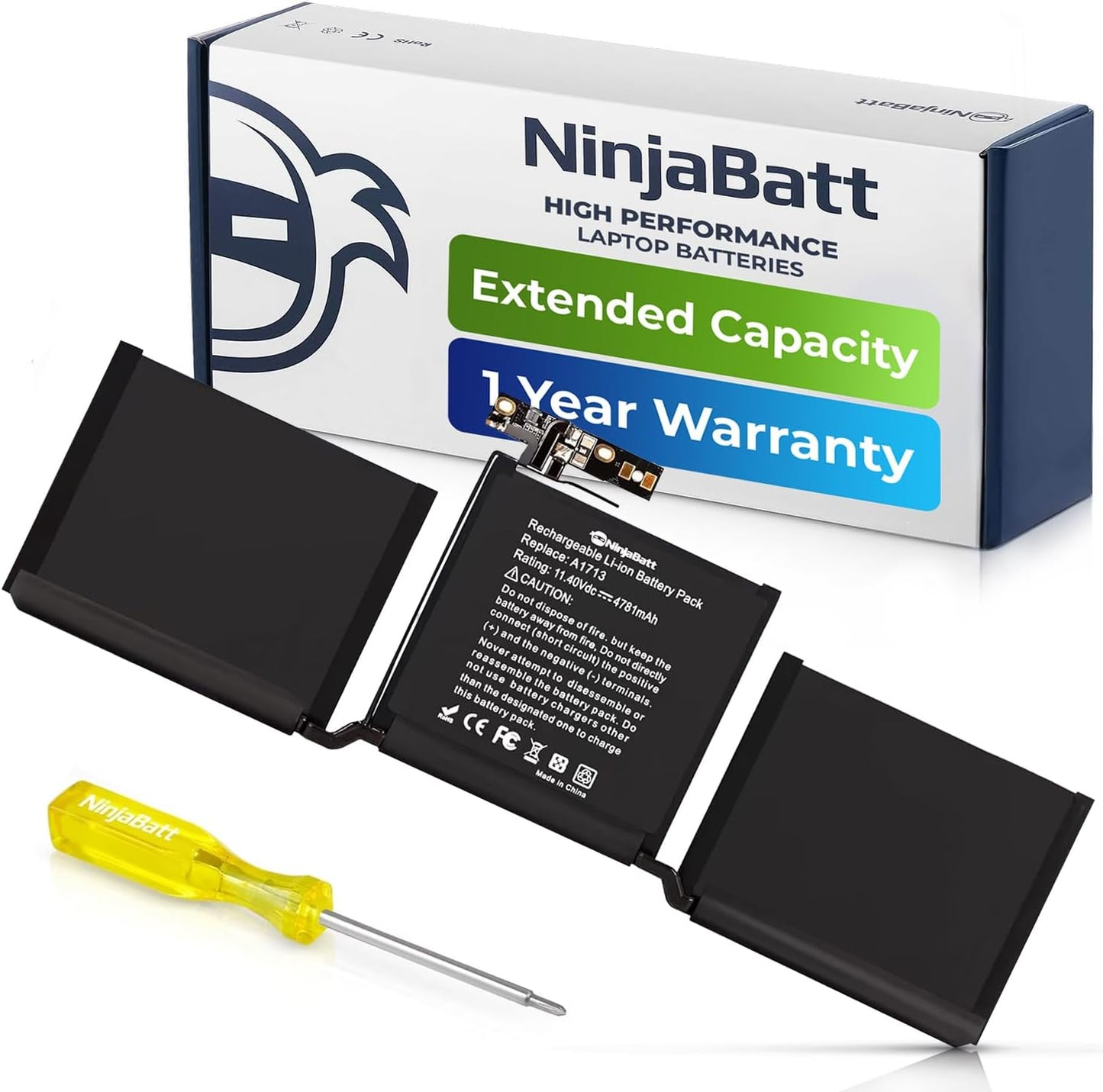 NinjaBatt high performance laptop battery with extended capacity, 1-year warranty, and installation tool