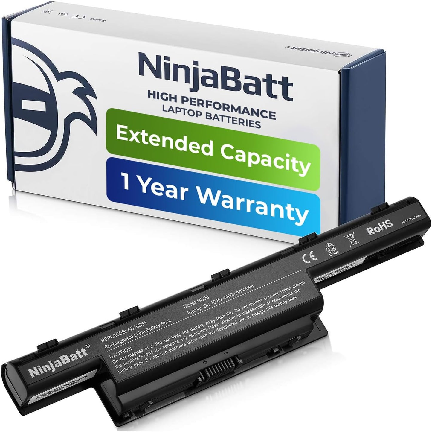 NinjaBatt high performance laptop battery with extended capacity, 1-year warranty, replacement for AS10D51