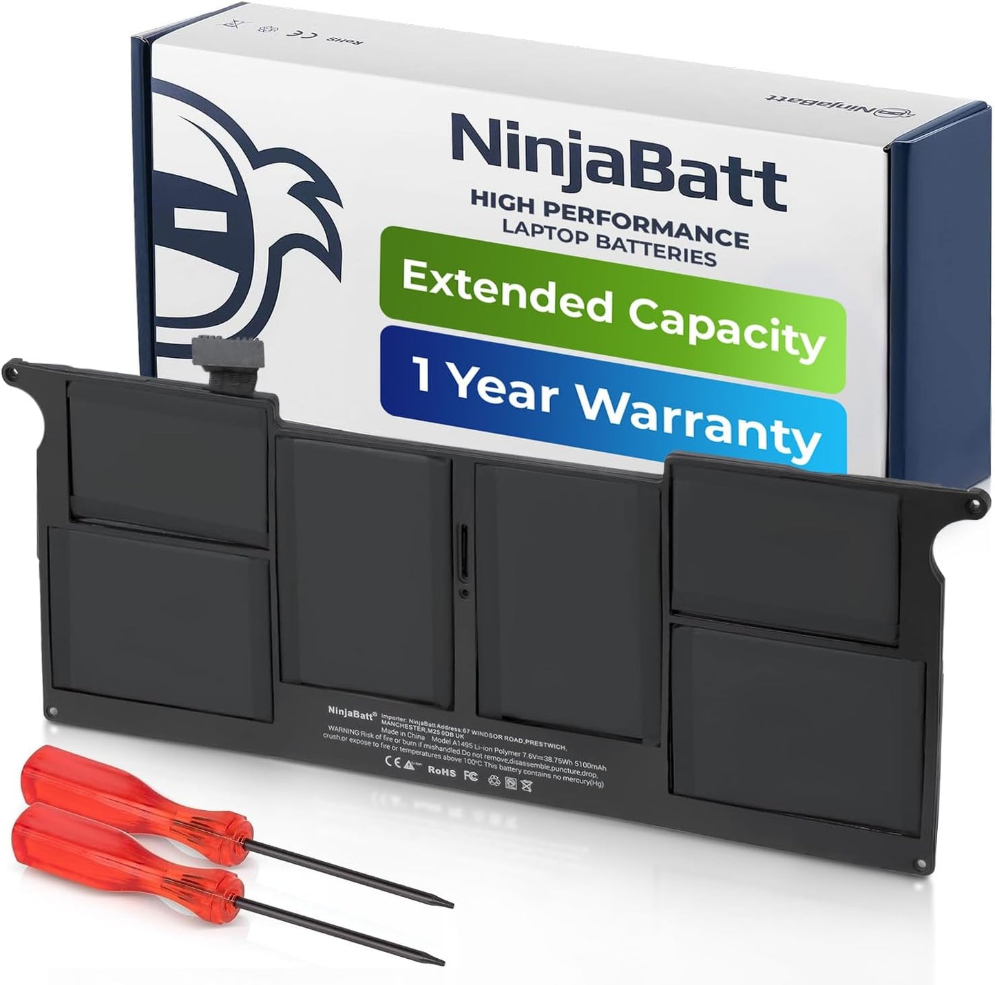 NinjaBatt high-performance laptop battery with extended capacity, 1-year warranty, and tools included