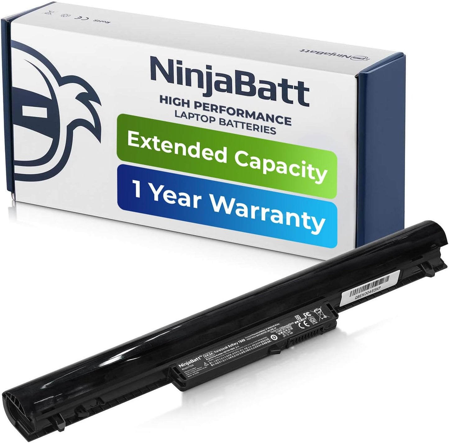 NinjaBatt high performance laptop battery with extended capacity and 1 year warranty, shown with packaging