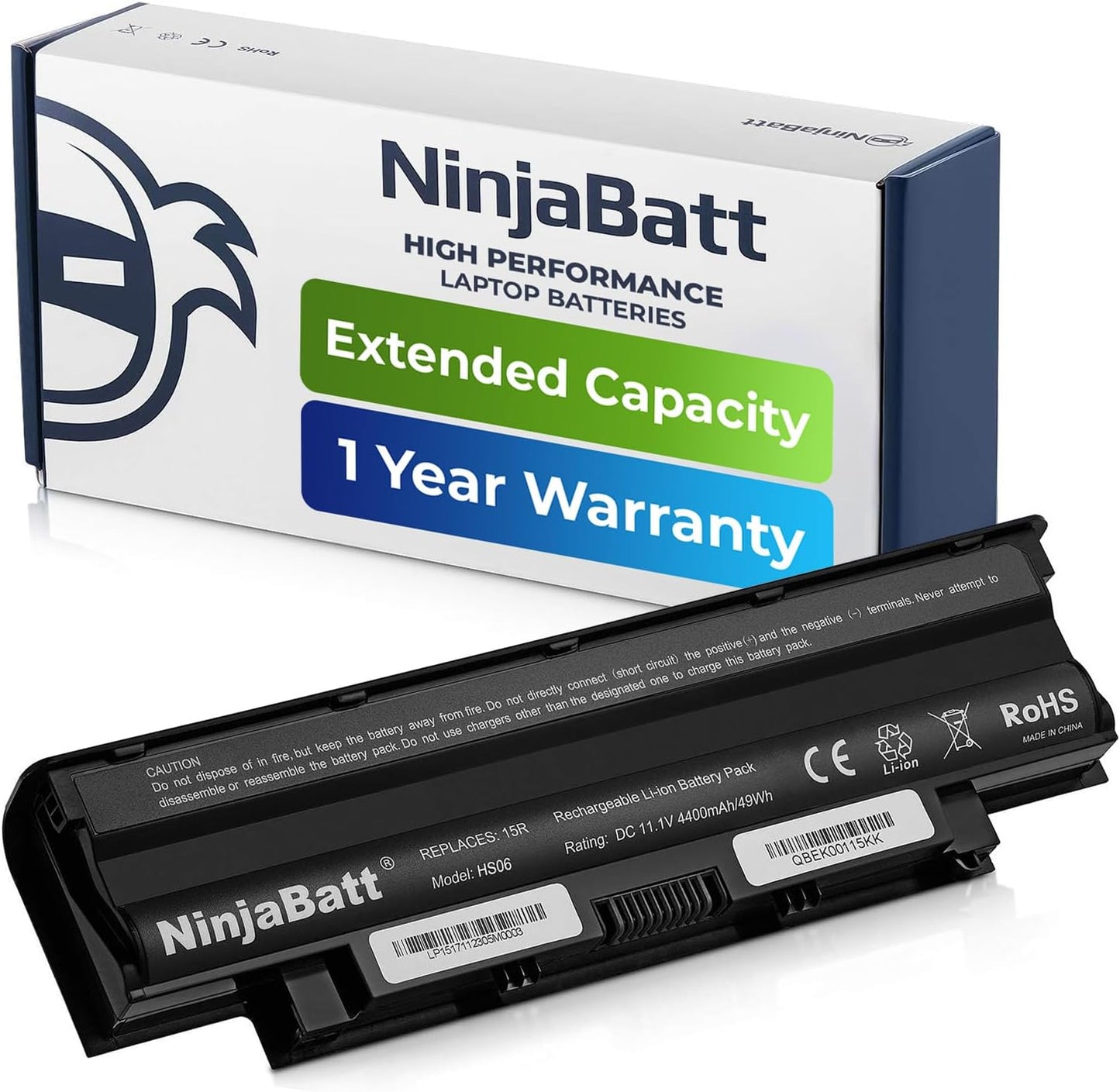 NinjaBatt high performance laptop battery with extended capacity, 1-year warranty, Li-ion rechargeable pack