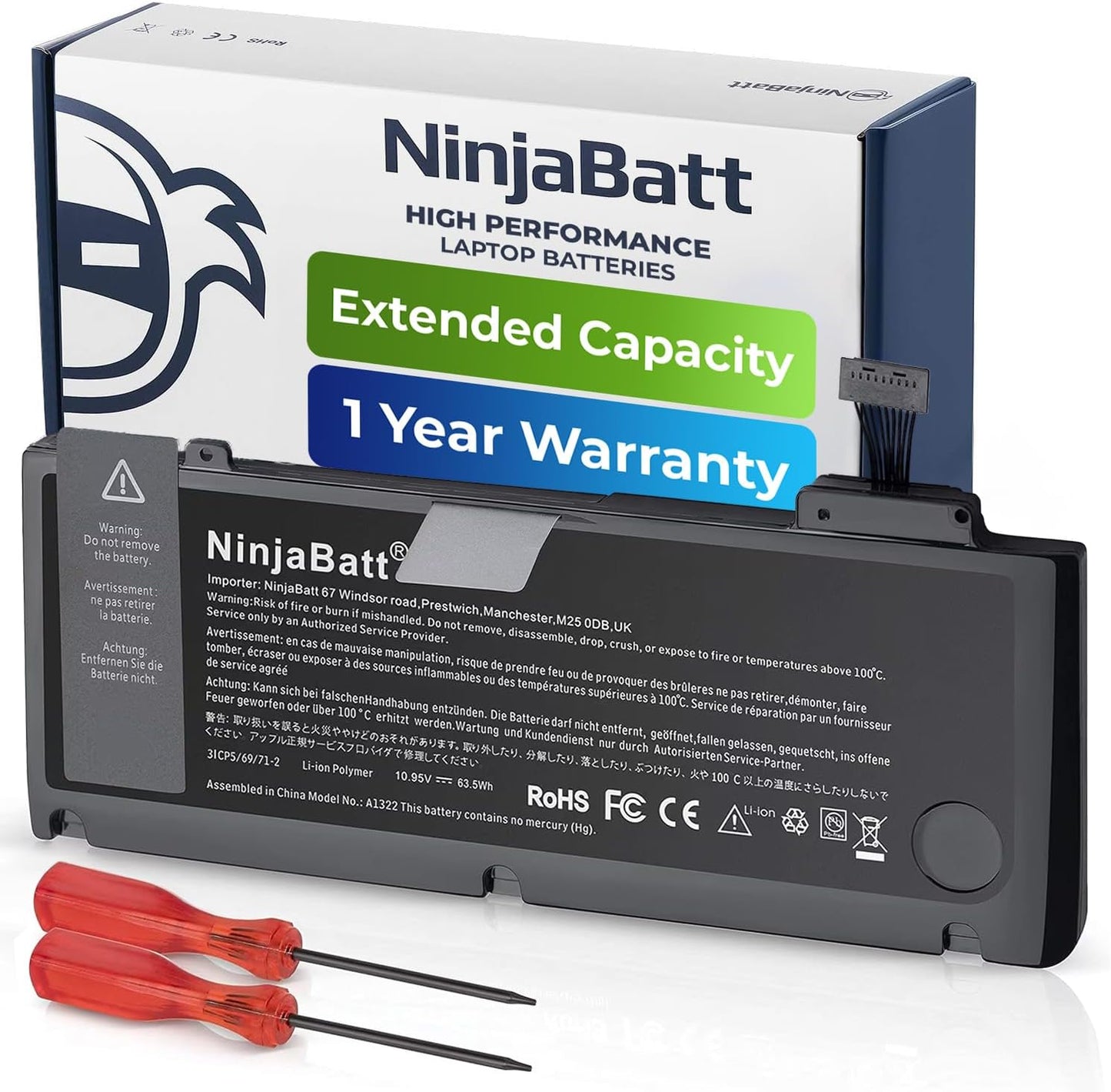 NinjaBatt high performance laptop battery with extended capacity, 1-year warranty, and tools included