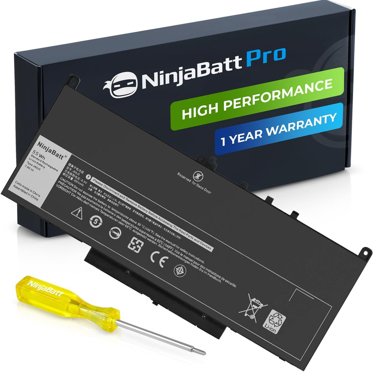 NinjaBatt Pro 55Wh laptop battery with 1-year warranty, shown with packaging and yellow screwdriver