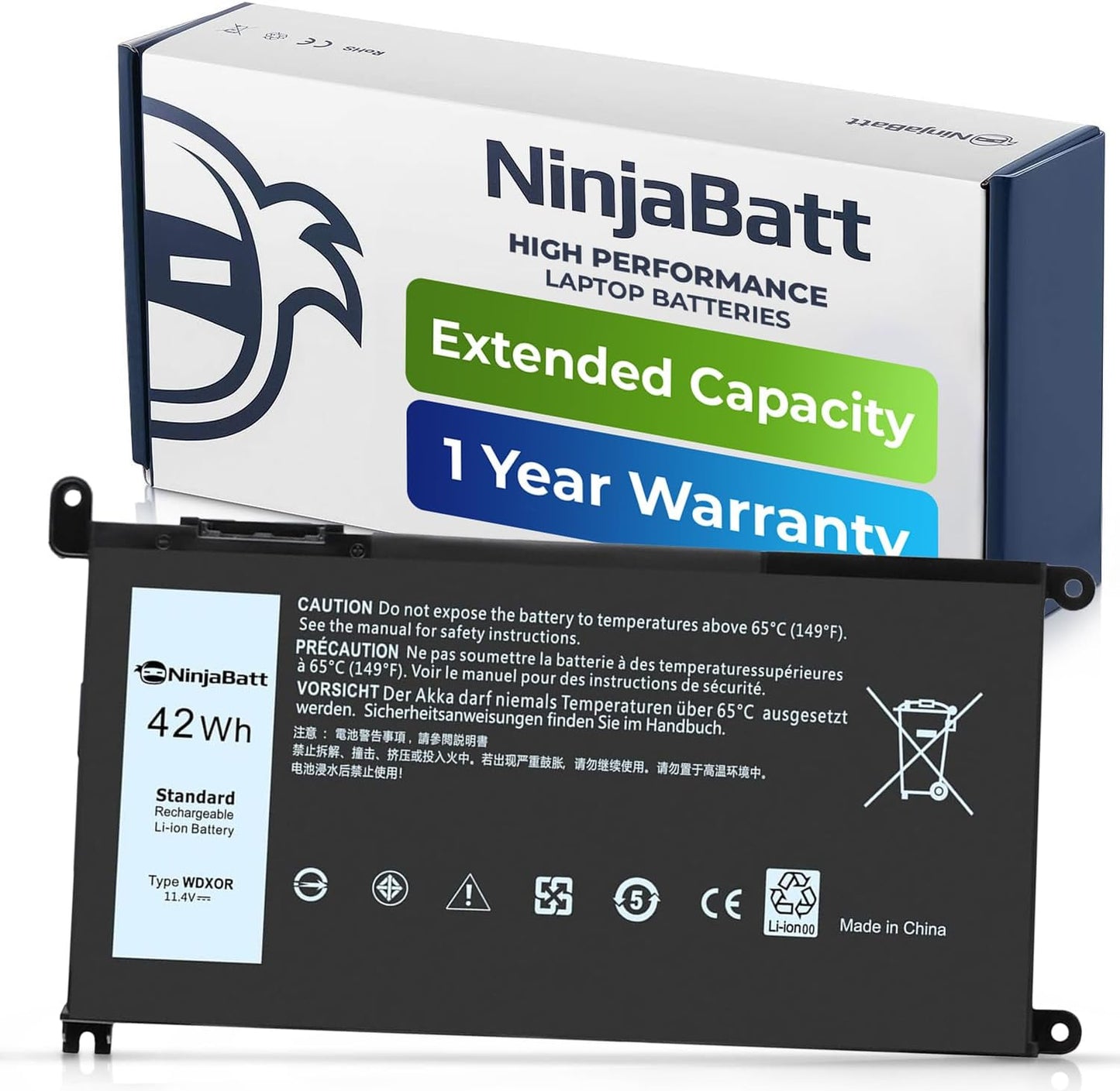 NinjaBatt 42Wh extended capacity laptop battery with 1-year warranty, high-performance Li-ion replacement