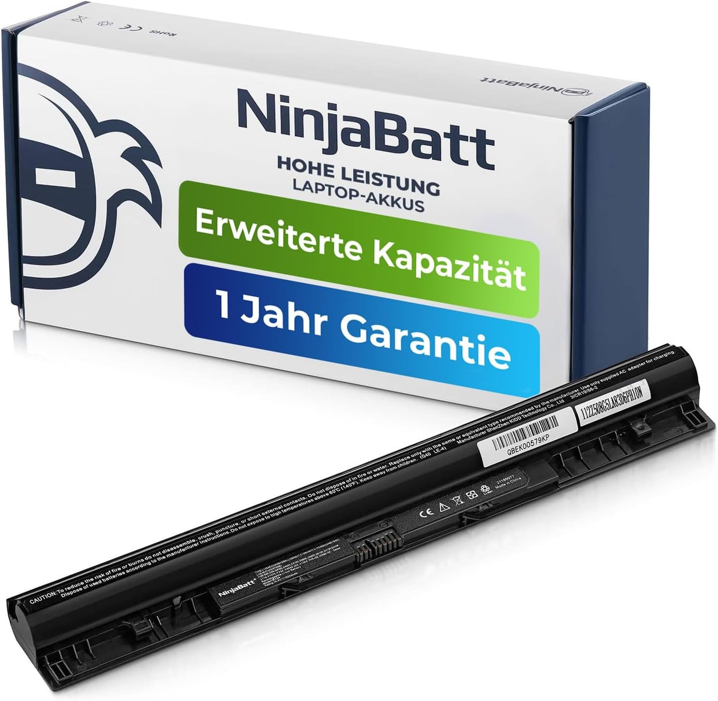 NinjaBatt high-performance laptop battery with extended capacity and 1-year warranty, shown with packaging