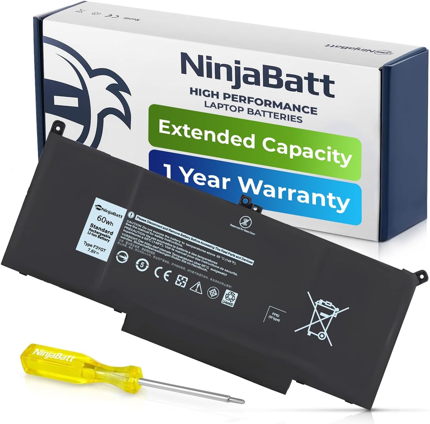 NinjaBatt 60Wh extended capacity laptop battery with 1-year warranty and installation tool