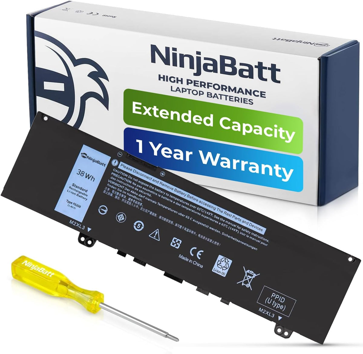 NinjaBatt 38Wh laptop battery with extended capacity, 1-year warranty, and installation tool