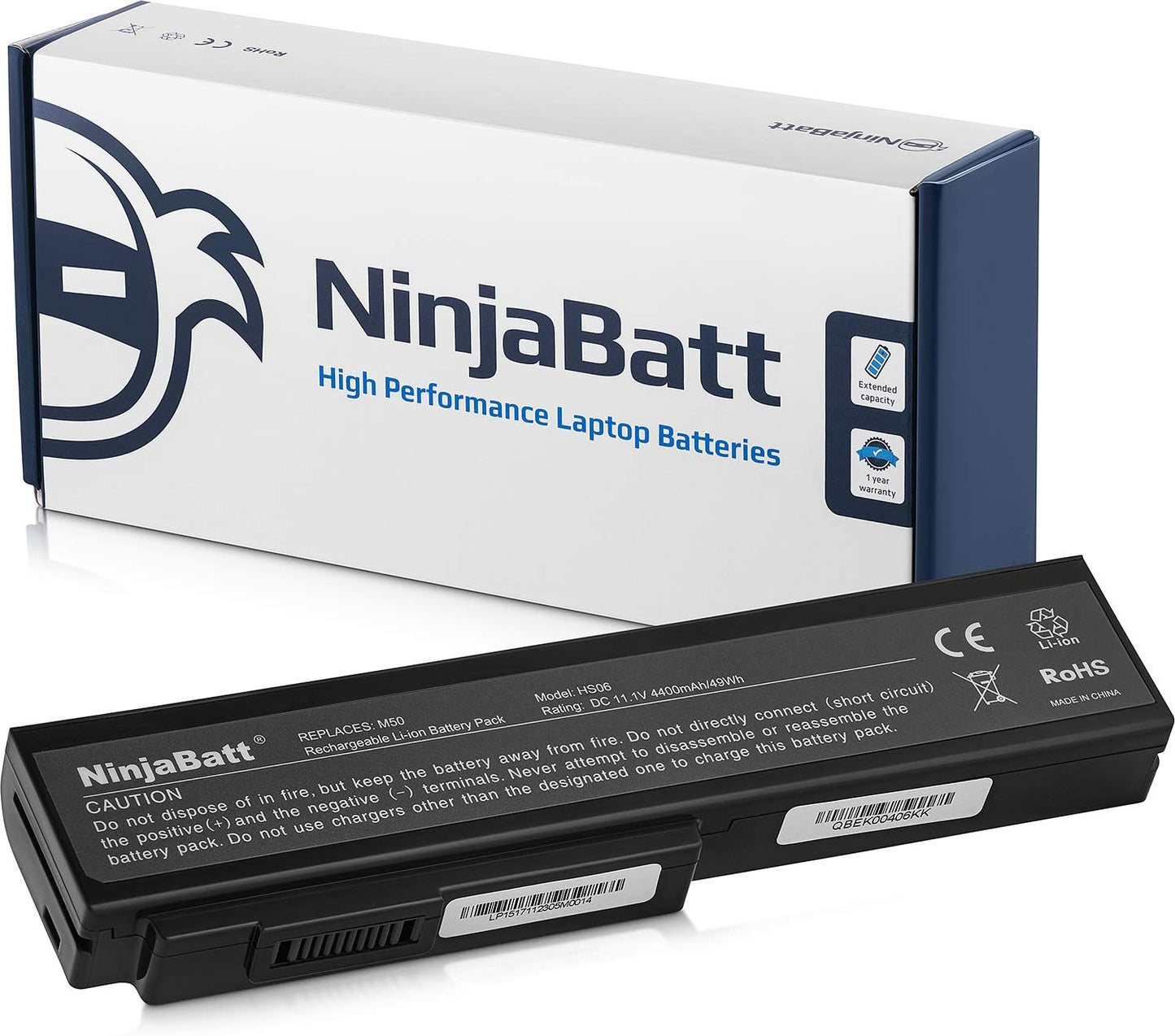 NinjaBatt high performance laptop battery pack with extended capacity, model HS06, 11.1V 4400mAh, RoHS certified