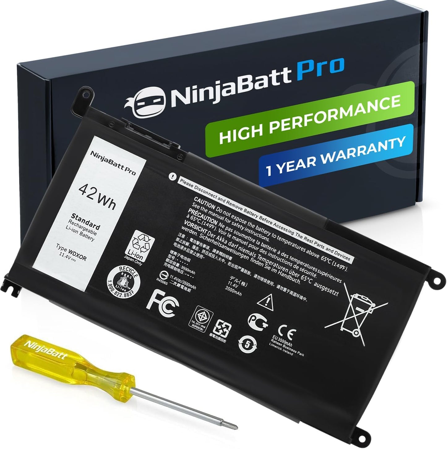 NinjaBatt Pro 42Wh laptop battery with 1-year warranty, shown with packaging and screwdriver for easy installation