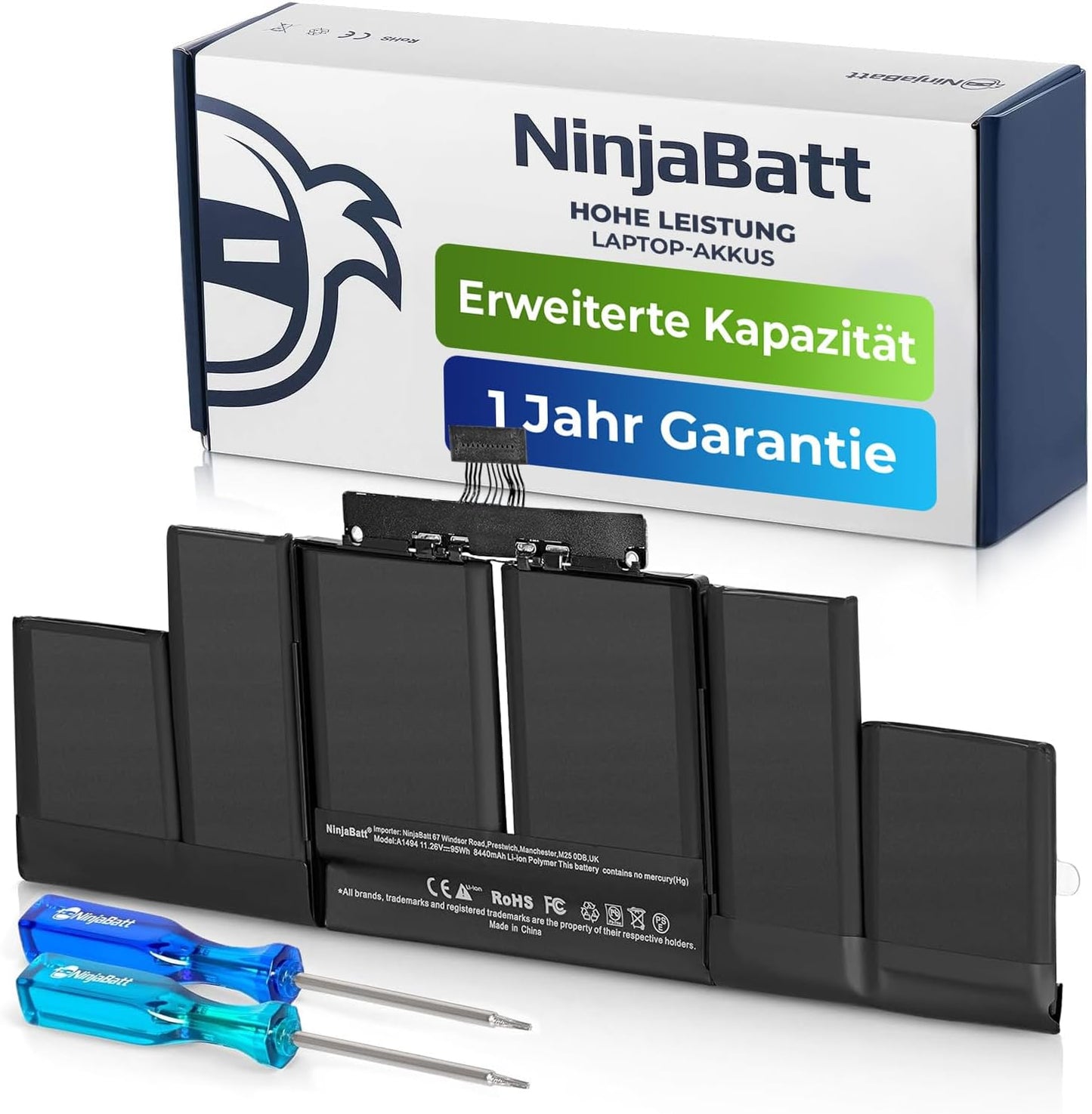 High-capacity laptop battery with tools, packaging highlights extended capacity and 1-year warranty