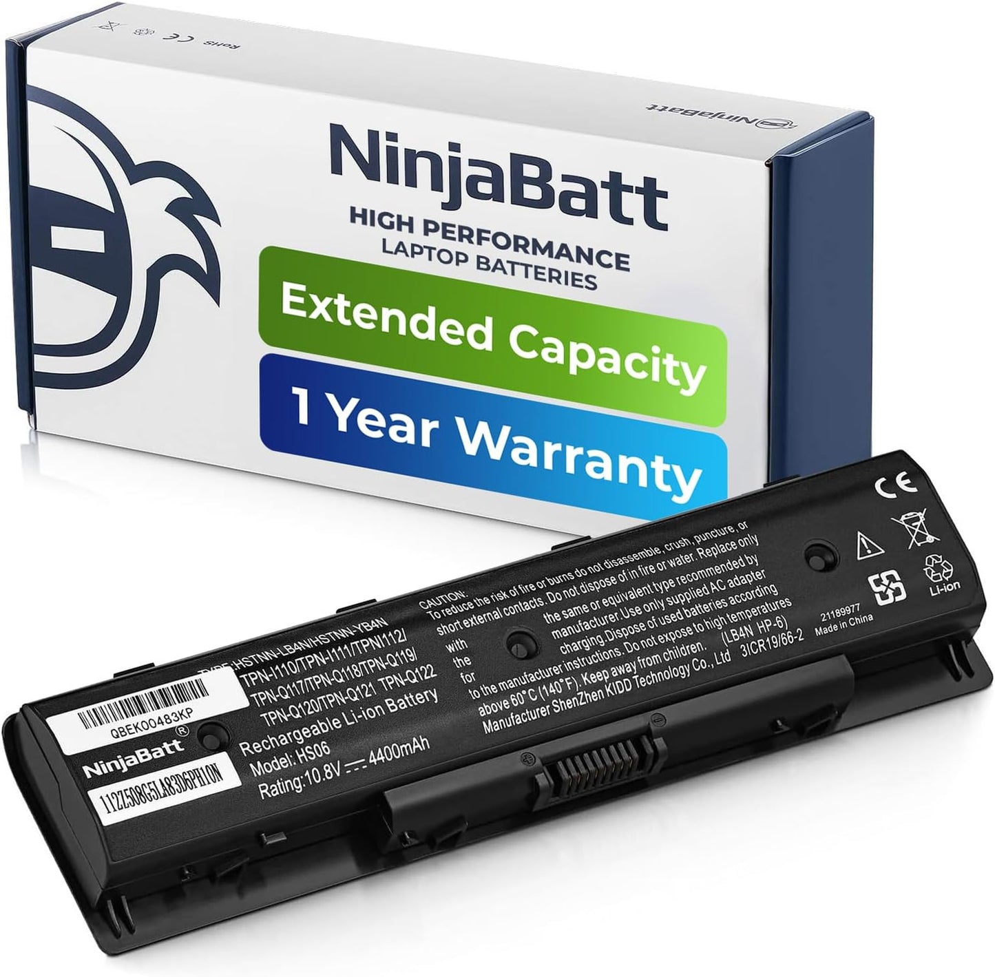NinjaBatt high performance extended capacity laptop battery with 1 year warranty, 4400mAh Li-ion