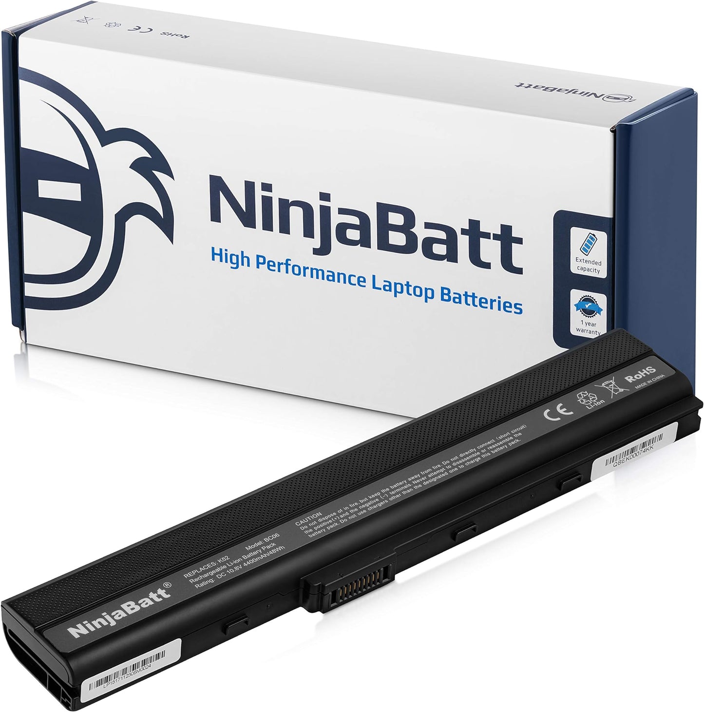 NinjaBatt high performance laptop battery with extended capacity, shown with retail packaging